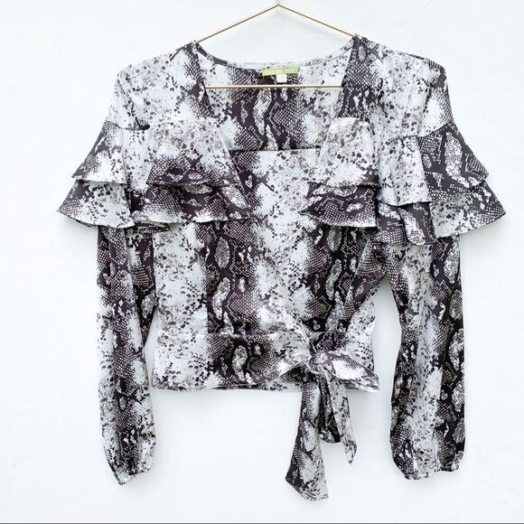 Gianni Bini Python Snakeskin Ruffle Wrap Top - Picture 3 of 11